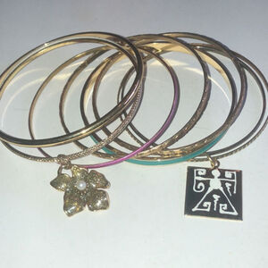 Lot of 9 Gold Tone Enamel Charm Boho Vintage Bangle Bracelets